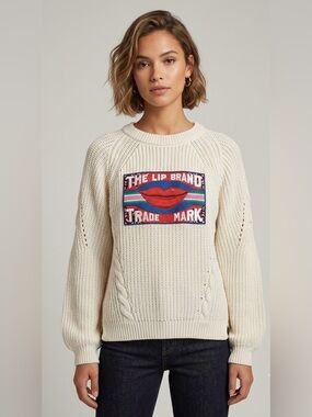 Jazmin Chebar Cream Knit "The Lip Brand" Graphic Patch Sweater